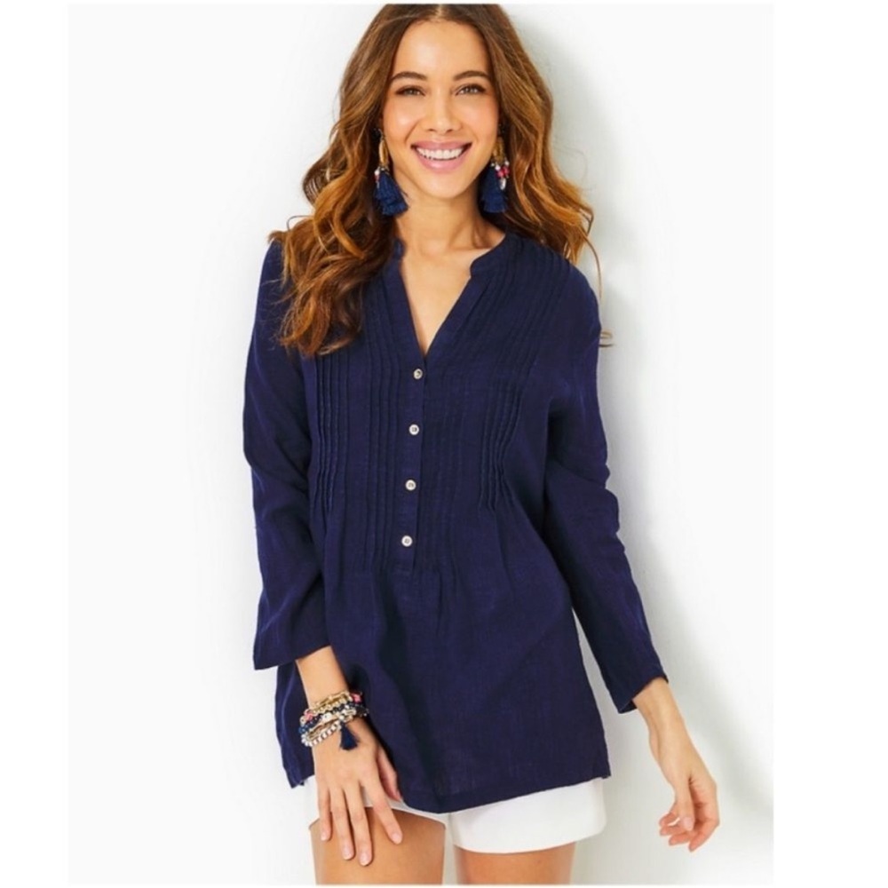 Lilly Pulitzer Sarasota Tunic Top Size Navy XS Cotton Linen Pleated
